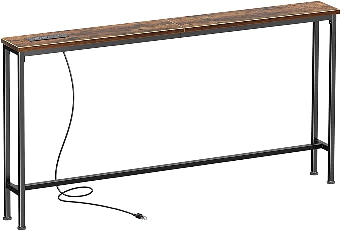 SUPERJARE 51.2 Inch Sofa Table with Power Outlet and USB-C Port, 5.9 Inch Narrow Console Table, Entryway Hallway Couch Table with Storage, Behind Sofa, Small Spaces, Living Room, Rusitc Brown