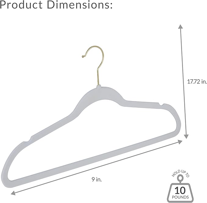 Simplify Slim Velvet Gold Hook Clothes Hangers 25 Pack | Non-Slip | Shirts | Suit | Pants | Dresses | Garments | Closet Storage & Organization | Durable | White