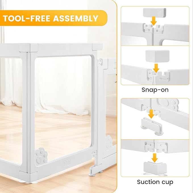 WICHEMI 8 Panel Indoor Dog Playpen, Acrylic Clear Puppy Playpen, 23.6" H Cat Play Pen with Double Door Lock, Paw Print Design Pet Playpen with Suction Cup, White