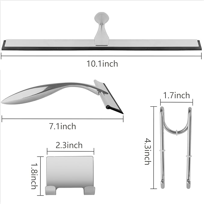 peafowl Shower Squeegee Stainless Steel Bath Squeegee for Shower Glass Doors Bathroom Windows Kitchen Mirror and Car Glass with Hooks Holder (10 inch, Brushed Silver)