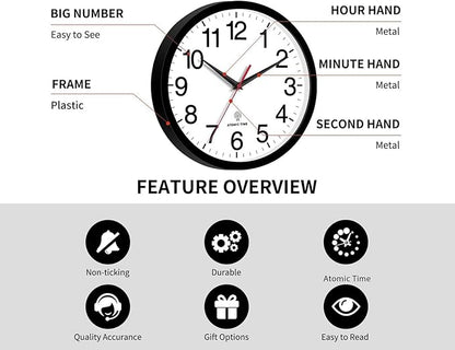 Atomic Wall Clock, Modern 10 Inch Battery Operated Wall Clocks, Analog Clock for Living Room, Office, Home, Bedroom, Kitchen, Bathroom(Black)
