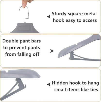 DEDU Plastic Extra Wide Shoulder Suit Hangers for Men 15 Pack Width 17.7", Grey Sweater Hangers no Shoulder Bump Non Slip for Thick Sweaters, Clothes Hangers with Pants Bar & Metal Hook