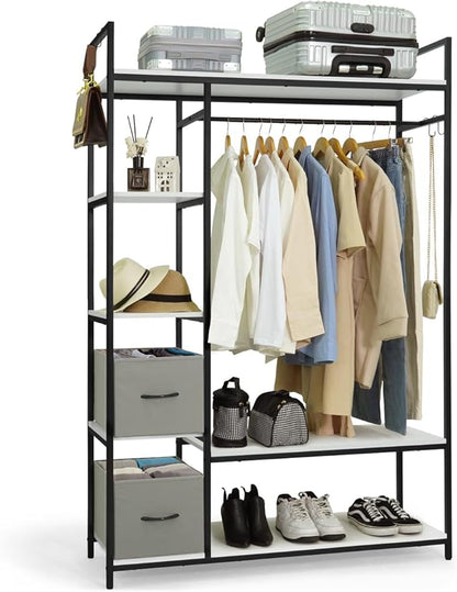 CAPHAUS 979lbs Capacity Garment Rack for Hanging Clothes, Heavy Duty Open Wardrobe w/Hanging Rods & Fabric Drawers, Free Standing Closet Organizer, Metal Closet Rack w/White Wooden Shelves