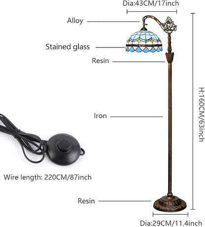Tiffany Floor Lamp Vintage Standing Lamp Blue Mediterranean Style Stained Glass Floor Light Rustic Corner Gooseneck Floor Lamp with Adjustable Angle for Home Decor Living Room Bedroom 12X12X63 Inches