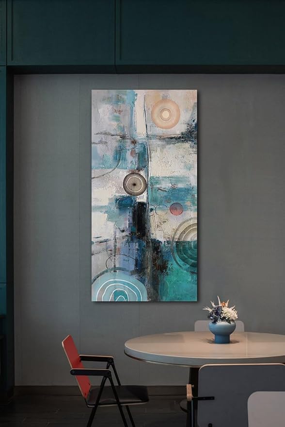 Acocifi Abstract Wall Art Turquoise Grey Teal Canvas Textured Painting Modern Geometric Picture, Large Vertical Artwork Framed for Living Room Bedroom Bathroom Hallway Office Home Decor 48x24