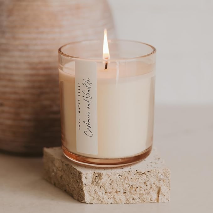 Sweet Water Decor Cashmere and Vanilla Scented Soy Candles – Milky Coconut, Jasmine, Soft Cashmere, Exotic Musk – Cozy Aroma – 50 Hour Burn – 12oz Tinted Glass Jar for Home Decor and Bedroom Decor