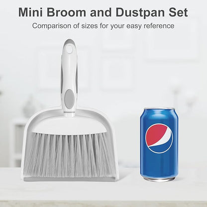 NACENA Small Dust Pan and Brush Set, Mini Broom and Dustpan Set Small Hand Broom and Brush Combo Dust Pan with Teeth for Home Cleaning Drawers Desktop Sofas Pet Care and Outdoor, White & Gray