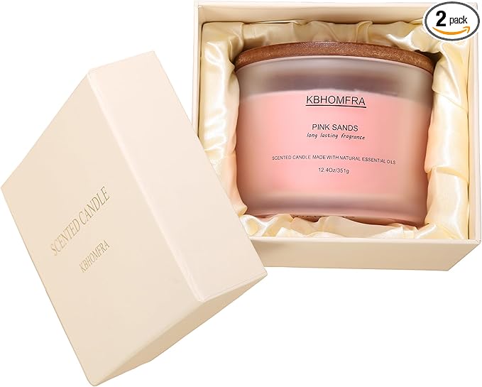 Scented Soy Wax Candle, 12.4 Oz Glass Jar, 70+ Hours Burn Time, Natural Essential Oils, Cotton Wick, Long Lasting Fragrance, Modern Contemporary Style (Pink Sands 2 Pack)