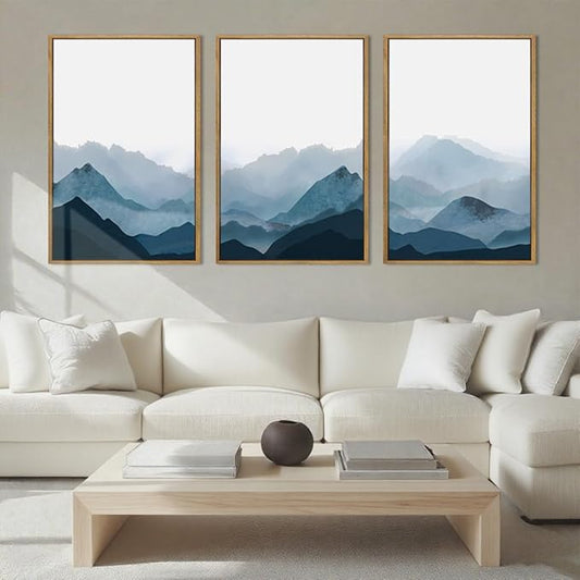 BINCUE Large Blue Mountain Wall Art Fog Blue Ridge Mountains Artwork for Living Room Bedroom Office 24" Lx36 W Set of 3