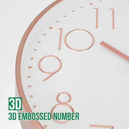Wall Clock Non-Ticking Silent Modern Simple Style Round Decor Clock Stereoscopic Dial Quartz Wall Clocks for Home/Office/School/Living Room/Bedroom/Kitchen (Rose Gold, 8inch)