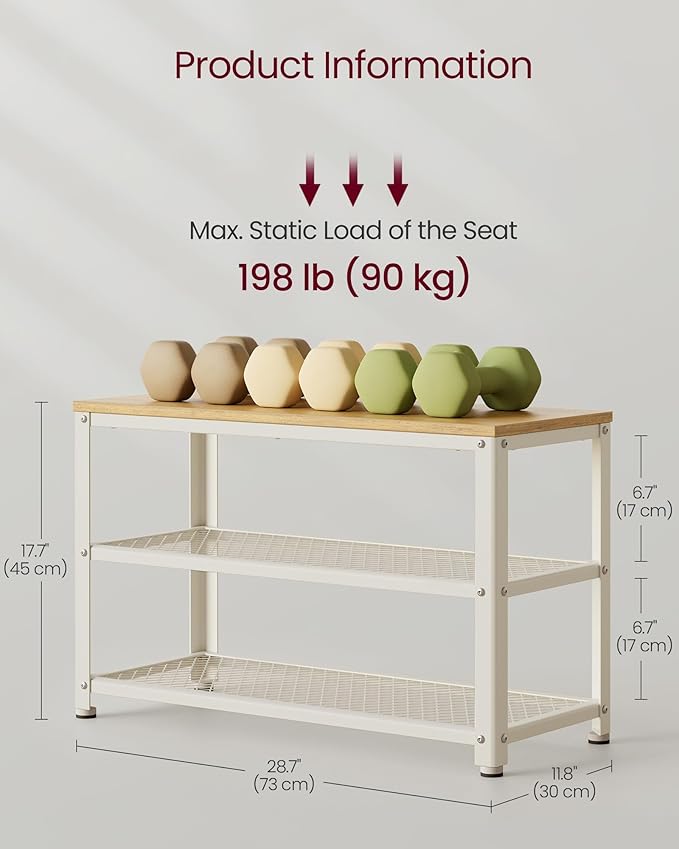 VASAGLE, 3-Tier Shoe Rack, Shelf Storage Bench with Metal Mesh Shelves and Seat, Free Standing Shoe Organizer for Entryway, 11.8 x 28.7 x 17.7 Inches, Oak Beige and Classic White ULBS073W09
