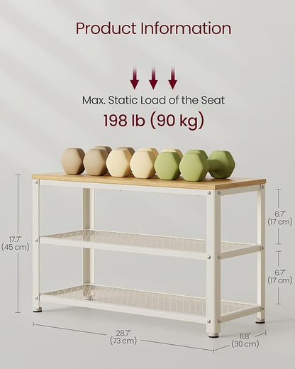 VASAGLE, 3-Tier Shoe Rack, Shelf Storage Bench with Metal Mesh Shelves and Seat, Free Standing Shoe Organizer for Entryway, 11.8 x 28.7 x 17.7 Inches, Oak Beige and Classic White ULBS073W09