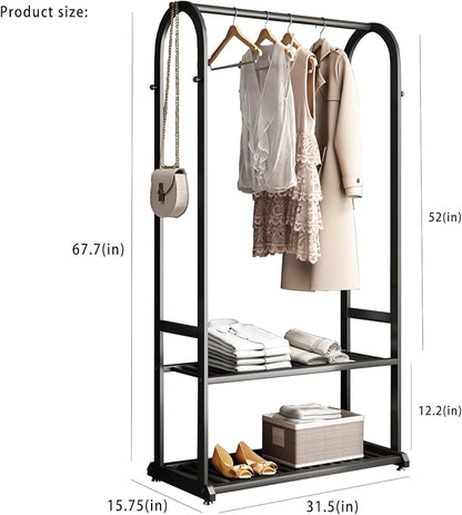 Heavy duty clothes rack,black Clothing rack,metal Garment rack with bottom shelves and 6 Side Hooks for Hanging Clothes, Coats, Shirts(L:31.5IN)
