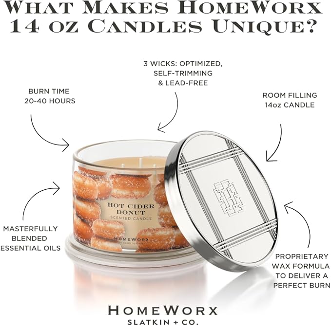 HomeWorx by SLATKIN + CO. Candle- Hot Cider Donut, 14 oz. 3-Wick Premium Scented Candle - 20-40 Hours Burn Time