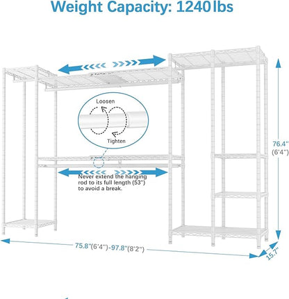 VIPEK X40 Expandable Large Reach-in Closet Rack Adjustable from 6'4" to 8'2'' with Extendable Shelves and Hanger Rods, Walk-in Clothes Rack Mental Freestanding Clothing Racks, Max Load 1240LBS, White
