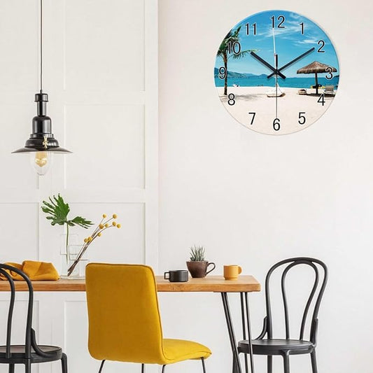 XFM Summer Beach Wall Clock 12 Inch Silent Non-Ticking Battery Operated Glass Clocks Tropical Hawaii Coastal Wall Clock for Living Room Bedroom Home Office Decor