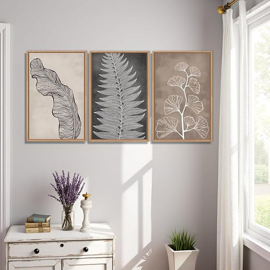 HLNIUC Botanical Neutral Framed Wall Art Set, Abstract Fern Leaf Canvas Wall Decor, Vintage Rustic Plant Wall Painting, Black Beige Nature Art Print for Living Room, Bedroom, Office - 16"x24"x3