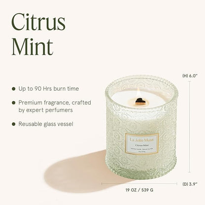 LA JOLIE MUSE Citrus Mint Scented Candles, Summer Candle, 19 oz Wood Wicked Large Candle Gifts for Men&Women, Long Burning Glass Jar Candles
