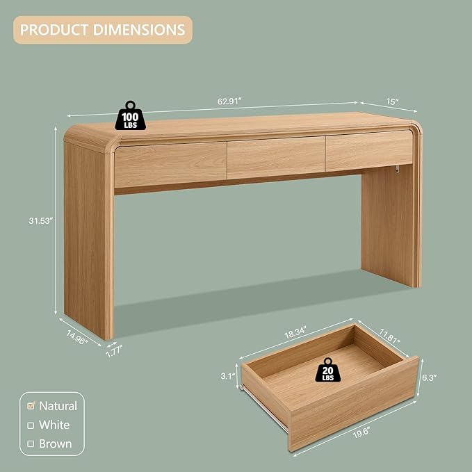 63'' Console Table with 3 Drawers, Modern Entryway Table with Curved Profile Design, Narrow Long Wood Sofa Table Behind Couch Table for Living Room, Hallway, Foyer, Natural