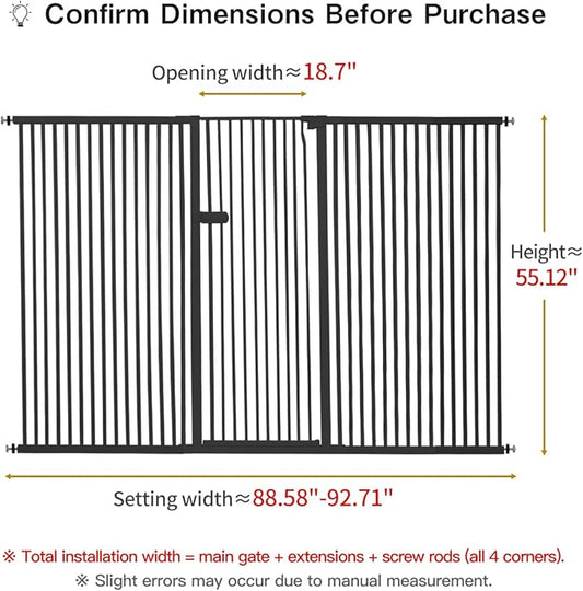 Lumizone Extra Tall Cat Gate 55.12" High Pressure Mounted Extra Wide 2025 New (17 Sizes) 1.37" Gap No Drilling Auto-Close One-Handed Operation Tall Pet Gate for Dogs(Black, 55.12" H x 88.58"-92.71" W)