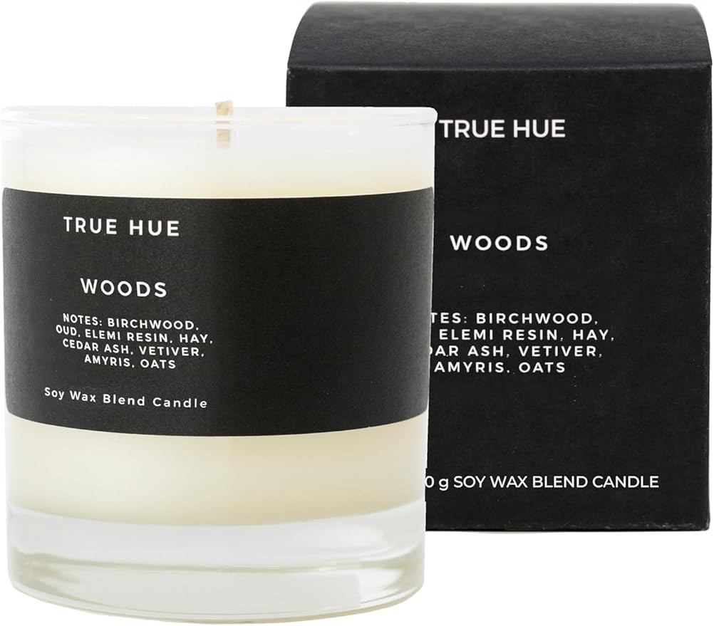 True Hue | Luxury Highly Scented Candle | Premium Soy Wax Blend | 7.75 oz | 40-50 Hour Burn Time | Cotton Wick | Natural Candles | Glass (Woods)
