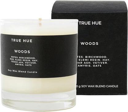 True Hue | Luxury Highly Scented Candle | Premium Soy Wax Blend | 7.75 oz | 40-50 Hour Burn Time | Cotton Wick | Natural Candles | Glass (Woods)