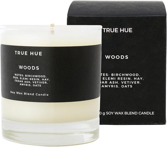 True Hue | Luxury Highly Scented Candle | Premium Soy Wax Blend | 7.75 oz | 40-50 Hour Burn Time | Cotton Wick | Natural Candles | Glass (Woods)
