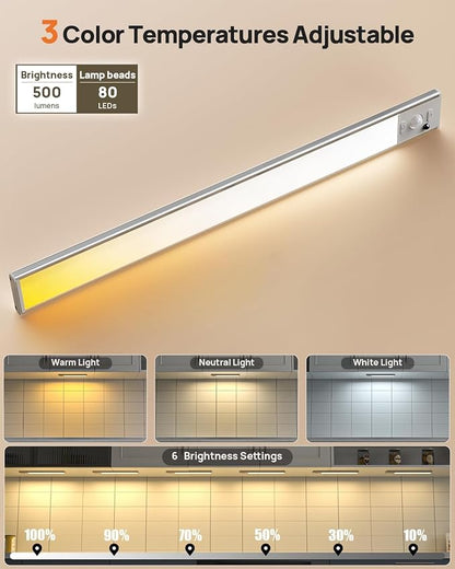 Under Cabinet Lights, 80 LED Motion Sensor Light Indoor,4000mAh USB Rechargeable Closet Light with Remote Control,3 Color Temps Wireless Under Counter Lights for Bedroom,Kitchen,Stairs,4 Pack