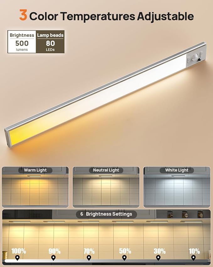 16in Under Cabinet Lighting with Remote, 160 LED Motion Sensor Light Indoor, 4000mAh USB Rechargeable Closet Lights Wireless, 3 Color Temps Under Counter Lights for Kitchen, Pantry, Stair, 3 Pack