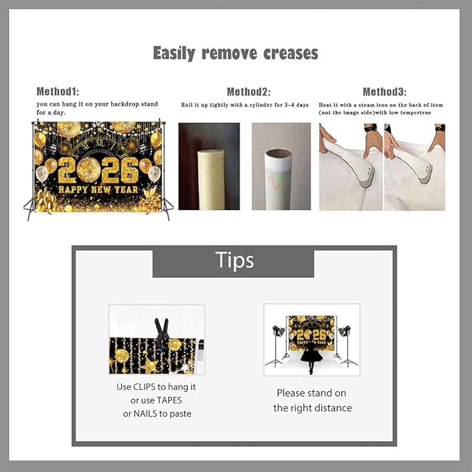 Happy New Year 2026 Black Gold Backdrop 2026 New Year Eve Countdown Photo Background Cheer to 2026 Party Decoration Banner Photo Supplies (Gold, 120x96inch (10x8FT))