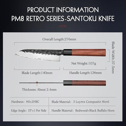 HEZHEN 5.5 Inches Santoku Knife, Three-layer Clad Steel, Professional small Japanese Chef Knife, Ultra Sharp Blade, Red Wood Octagonal Handle