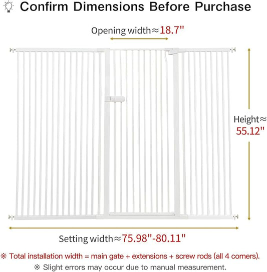 Lumizone Extra Tall Cat Gate 55.12" High Pressure Mounted Extra Wide 2025 New (17 Sizes) 1.37" Gap No Drilling Auto-Close One-Handed Operation Tall Pet Gate for Dogs(White, 55.12" H x 75.98"-80.11" W)