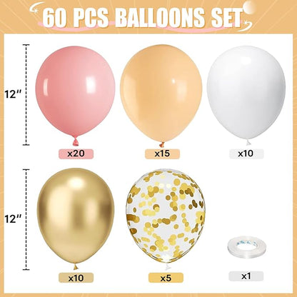 Blush Pink Balloon, 60 PCS 12 Inch Retro Pink Gold White Sand Nude Balloons Gold Confetti Latex Balloons for Girls Baby Shower Wedding Bridal Boho Birthday Party Decorations