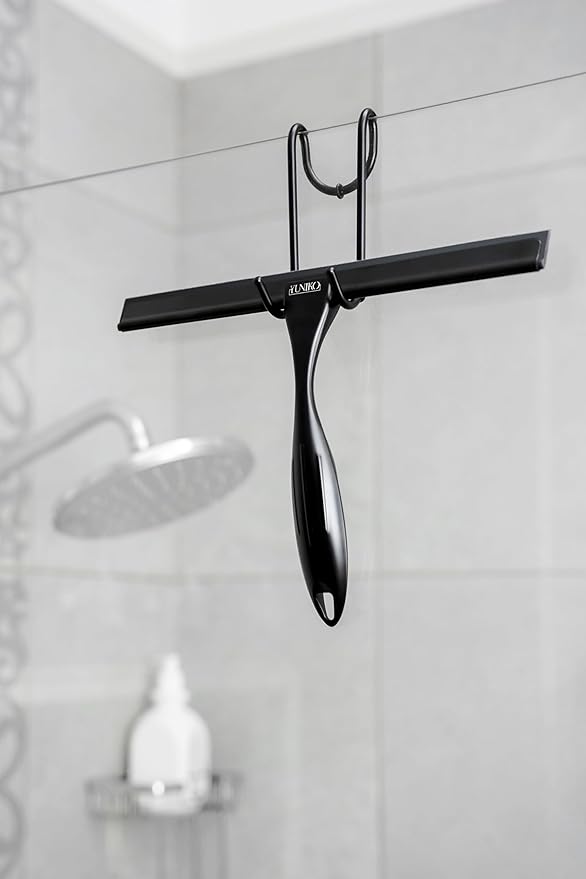 YUNIKO Shower Squeegee – Black Stainless Steel with Silicone Blade for Shower Doors, Windows, Mirrors, Tiles & Car Windows – Includes 2 Adhesive Hooks, Assembly Tool & Microfiber Cloth