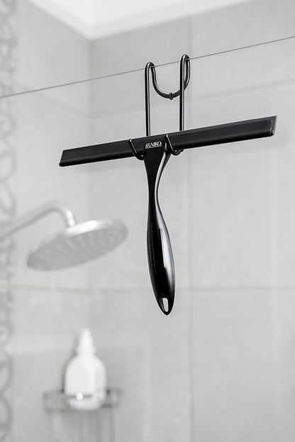 YUNIKO Shower Squeegee – Black Stainless Steel with Silicone Blade for Shower Doors, Windows, Mirrors, Tiles & Car Windows – Includes 2 Adhesive Hooks, Assembly Tool & Microfiber Cloth