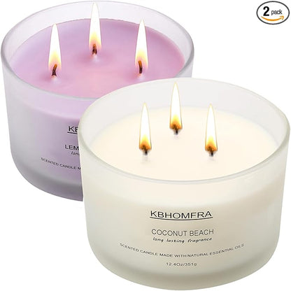Scented Soy Wax Candle, 12.4 Oz Glass Jar, 70+ Hours Burn Time, Natural Essential Oils, Cotton Wick, Long Lasting Fragrance, Modern Contemporary Style (Lemon Lavender+Coconut Vanilla 2Pack)