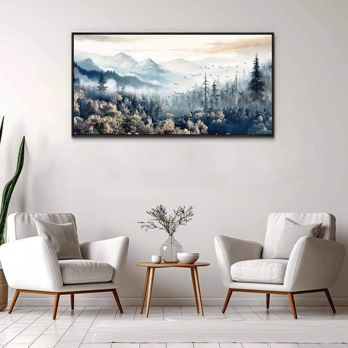 Wapluam Wall Art For Living Room Large Abstract Canvas Wall Decor For Office Fog Forest Landscape Wall Paintings Stretched and Framed Pictures Artwork Modern Bedroom Black Framed Home Decoration