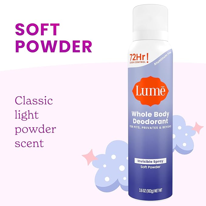 Lume Invisible Spray Deodorant For Women - Whole Body Deodorant Spray - 72 Hr Odor Control - Ozone Friendly, Natural Propellant - Aluminum & Baking Soda Free, Skin Loving - 3.6 ounce (Soft Powder)