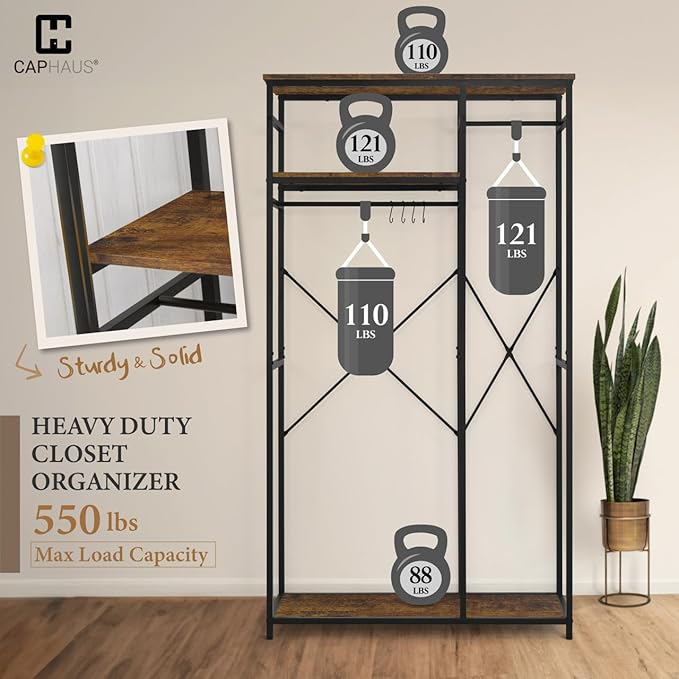 CAPHAUS 550lbs Capacity Garment Rack for Hanging Clothes, Heavy Duty Metal Open Wardrobe w/Hanging Rods & Drawers, Free Standing Closet Organizer, Metal Closet w/Wooden Boards, Rustic Oak Board