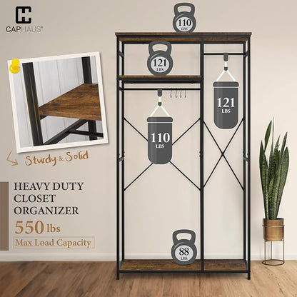 CAPHAUS 550lbs Capacity Garment Rack for Hanging Clothes, Heavy Duty Metal Open Wardrobe w/Hanging Rods & Drawers, Free Standing Closet Organizer, Metal Closet w/Wooden Boards, Rustic Oak Board