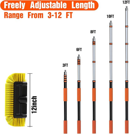 12FT Car Wash Brush with Long Handle, Car Cleaning Brush with 12 Inch Soft Bristle, Solar Panels Cleaner with Telescoping Pole for RV, Truck, Boat, House Siding