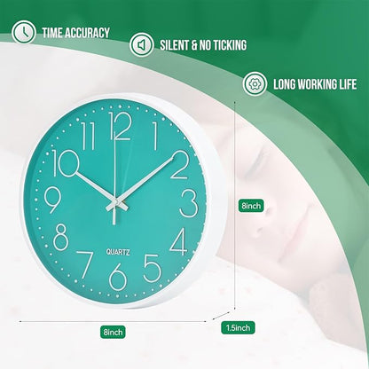 Wall Clock Non-Ticking Silent Modern Simple Style Round Decor Clock Stereoscopic Dial Quartz Wall Clocks for Home/Office/School/Living Room/Bedroom/Kitchen (Turquoise, 8inch)