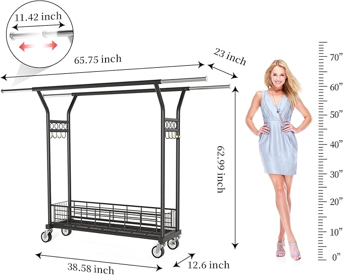 Heavy Duty Clothes Rack - Double Rod Clothing Racks for Hanging Clothes, Portable & Adjustable Garment Rack with Wheels, Rolling Clothes Rack Load 670LBS for Bedrooms, Laundry, Closet (Black)