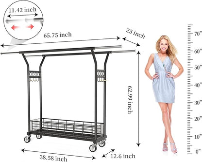 Heavy Duty Clothes Rack - Double Rod Clothing Racks for Hanging Clothes, Portable & Adjustable Garment Rack with Wheels, Rolling Clothes Rack Load 670LBS for Bedrooms, Laundry, Closet (Black)
