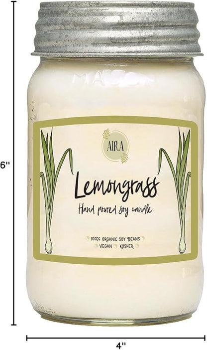 Aira Soy Candles - Organic, Kosher, Vegan, in Mason Jar w/Therapeutic Grade Essential Oil Blends - Hand-Poured 100% Soy Candle Wax - Paraffin Free, Burns 110+ Hours - Lemongrass - 16 Ounces