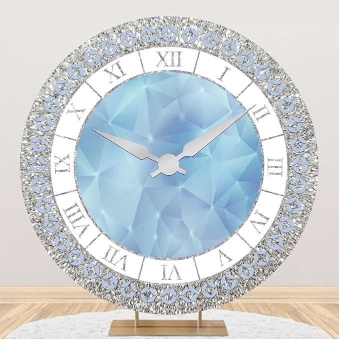 7.5x7.5ft Crystal Blue Clock Round Backdrop Cover Luxury Silver Blue Clock Circle Backdrop Background Girls Kids Newborn Baby Shower Women Birthday Party Decorations Congrats Grad Studio Props