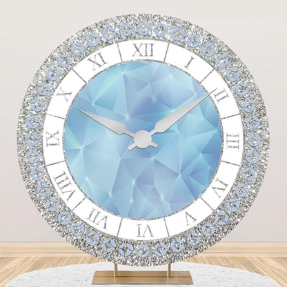 5x5ft Crystal Blue Clock Round Backdrop Cover Luxury Silver Blue Clock Circle Backdrop Background Girls Kids Newborn Baby Shower Women Birthday Party Decorations Congrats Grad Studio Props