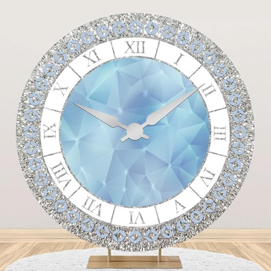 5x5ft Crystal Blue Clock Round Backdrop Cover Luxury Silver Blue Clock Circle Backdrop Background Girls Kids Newborn Baby Shower Women Birthday Party Decorations Congrats Grad Studio Props
