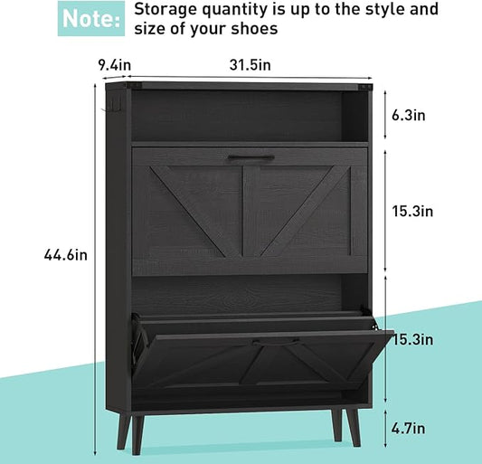 Vabches Shoe Storage Cabinet with 2 Flip Drawers,Freestanding Narrow Shoe Organizer with Open Storage,Hidden Slim Shoe Rack Cabinet for Entryway,Black (2 Pack)