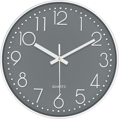 Wall Clock, Silent Wall Clocks Battery Operated 10 Inch Modern Non Ticking Analog Clock with Large Numerals Tempered Glass Clocks for Bedroom, Living Room, Kitchen, Office Decor, Grey